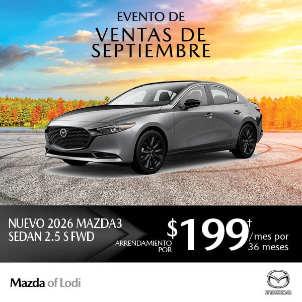 Gray 2026 Mazda3 sedan with September sales event and lease offer of $199/month