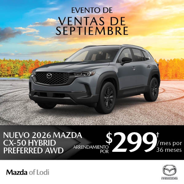 Dark gray 2026 Mazda CX-50 Hybrid SUV in an ad for a September sales event at Mazda of Lodi