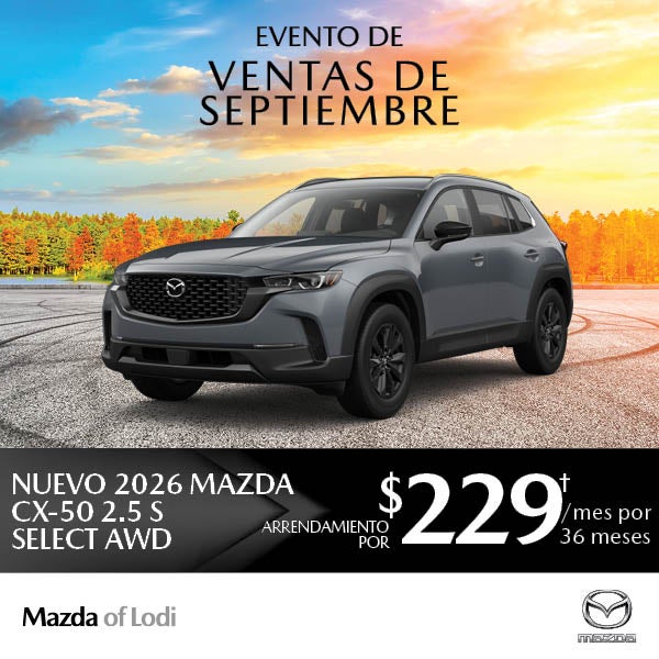 Gray 2026 Mazda CX-50 SUV. Text: September Sales Event